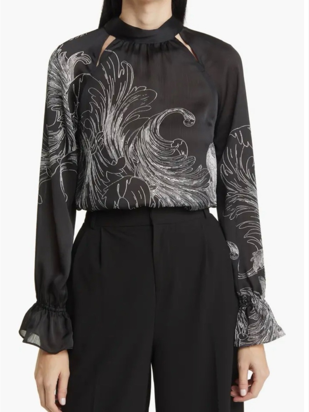 Ted Baker Black Blouse with Silver Floral Swirl Print